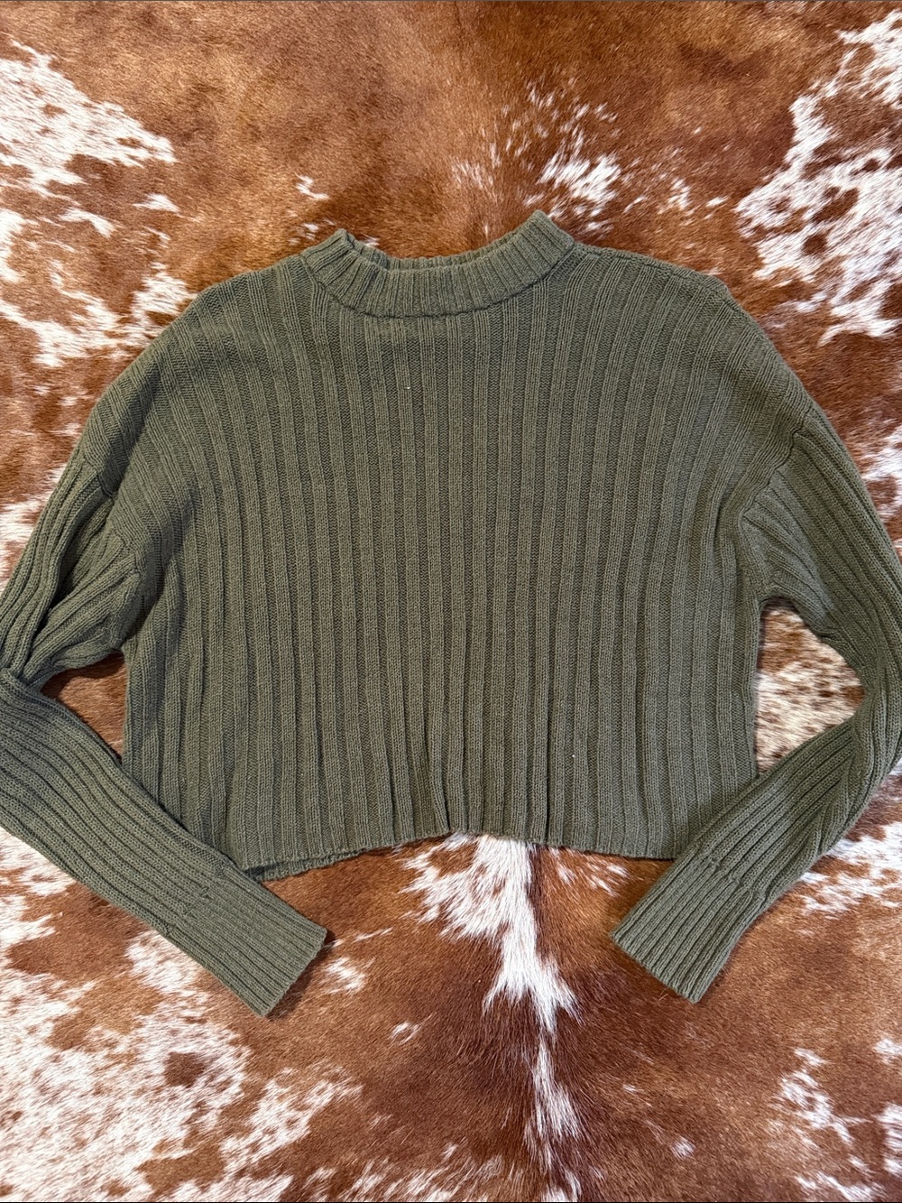 American Eagle Outfitters Olive Ribbed Cropped Crewneck Sweater